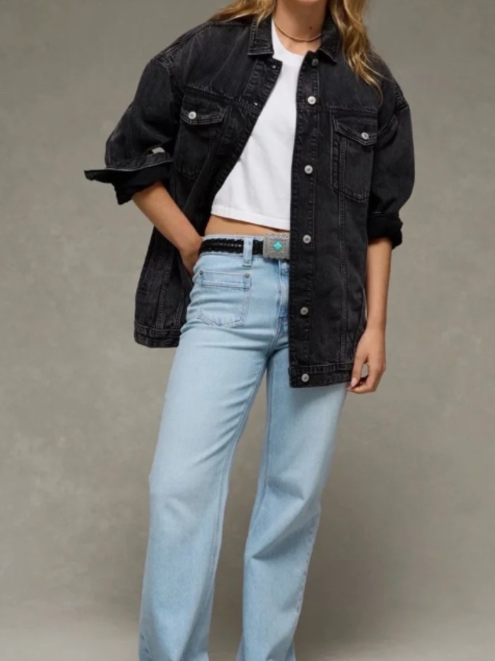 AE Oversized Boyfriend Black Washed Denim Jacket Like New